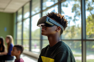 Young student using virtual reality glasses at school