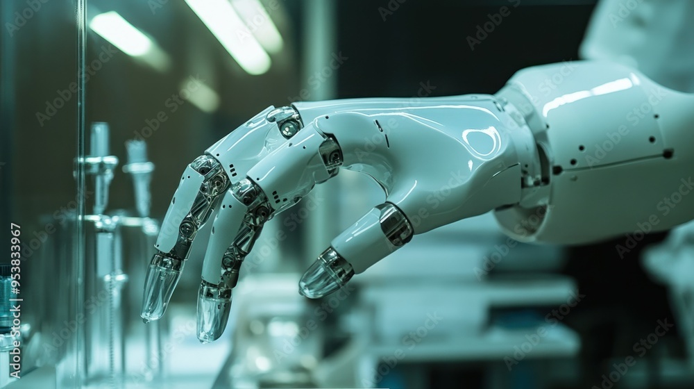 Poster closeup of a robotic hand reaching towards a glass container