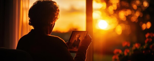 Elderly woman looking at an old photograph, with a nostalgic and melancholic tone, symbolizing memory and illness, aging and dementia
