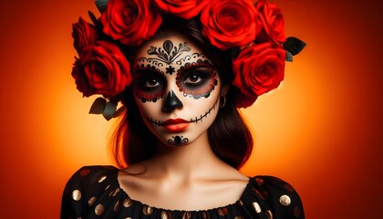 La Calavera Catrina with Red Roses