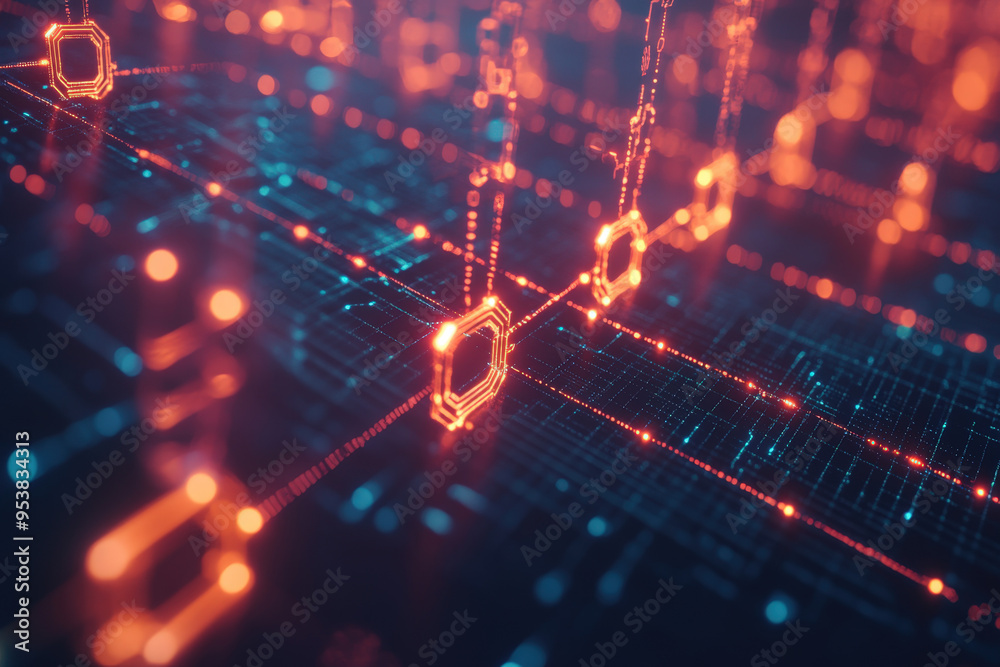Poster blockchain technology connecting hexagonal blocks on a circuit board with glowing lines of data