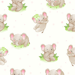 Naklejka premium Seamless pattern of adorable baby elephants in watercolor style.