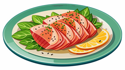 A plate of food with a piece of thinly sliced tuna and some sesame seeds on top. The plate is white and the food is arranged in a visually appealing manner