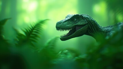 A close-up shot of a majestic dinosaur in a vibrant green prehistoric jungle, showcasing its detailed and fierce features.