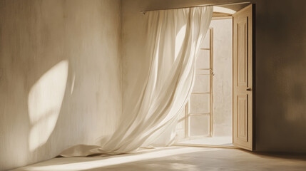 A room with a white curtain and a door