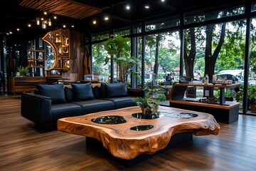 Handmade Furniture Showroom, Rustic, and High-Quality shown in a rustic showroom where...