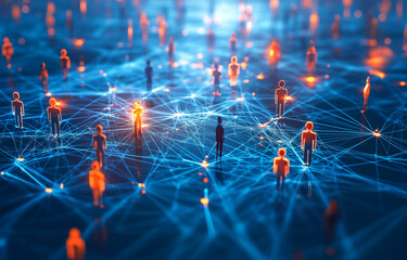 Abstract digital network with glowing connections and people figures, representing global connectivity and the interconnectivity of business networks. blue and red colors.