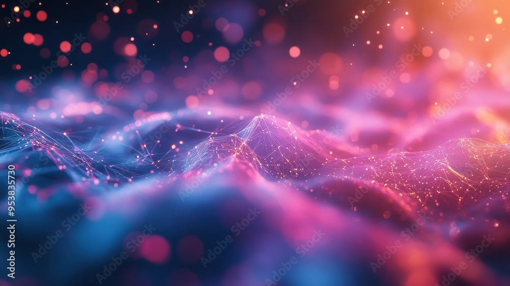 Poster abstract digital landscape with glowing lines and bokeh lights