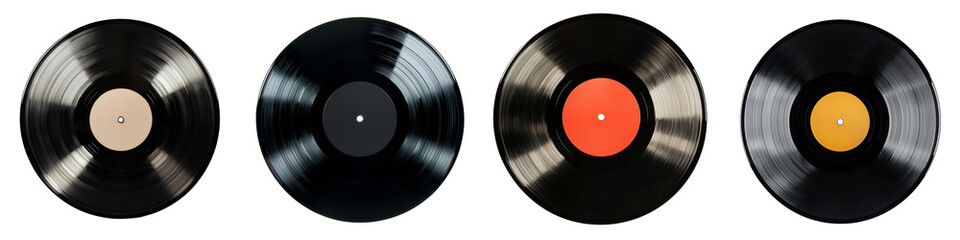 A collection of classic vinyl records showcasing various colors and labels, perfect for music lovers and retro enthusiasts, isolated on transparent background.