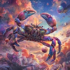 Surreal painting of a crab with a woman's face and colorful bubbles floating in the sky.