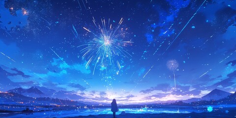 Fototapeta premium Enchanting Winter Night Illustration: Aurora, Fireworks, and Starry Sky over Snowy Landscape. Dreamy Anime-Style Scene for Christmas Marketing, Cultural Inclusivity, and Seasonal Decor. Versatile 4K W