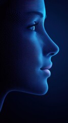 A side profile of a human face in a digital blue neon light, representing futuristic technology and artificial intelligence.