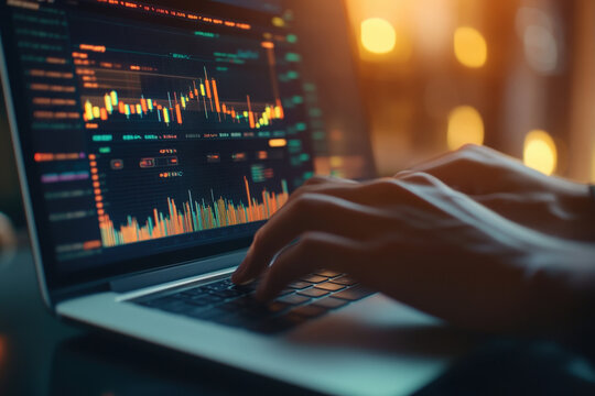 Businessman is working late, analyzing cryptocurrency stock market data on his laptop