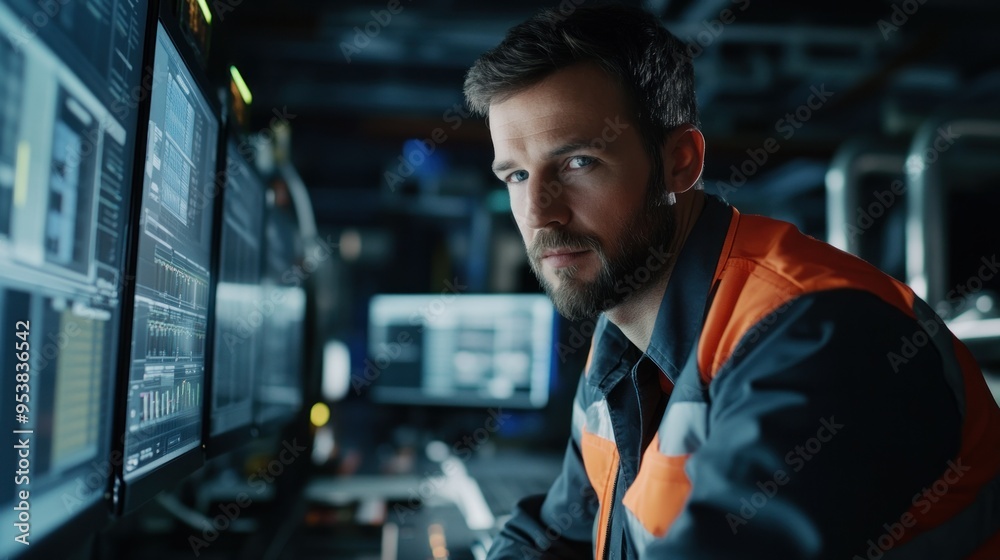 Poster close-up portrait of man in industrial setting with monitors