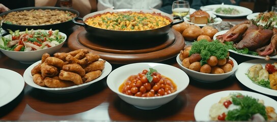 Obraz premium Table full of colorful food. Plates with delicious meal