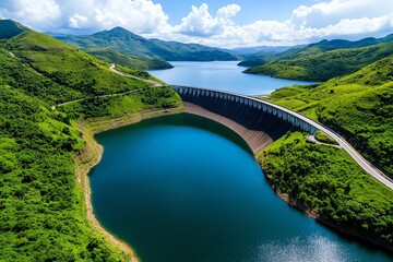 Hydropower and renewable energy performance are depicted in a realistic photo of a dam operating in harmony with nature