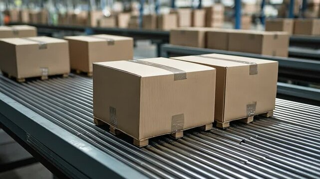 Conveyor roller-mounted boxes prepared for courier delivery and distribution