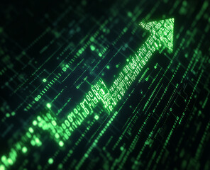 Fototapeta premium A green arrow pointing upwards on an upward-trending graph, set against a backdrop of binary code, symbolizing stock market growth or business success
