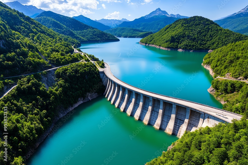 Poster hydropower and renewable resource management are featured in a realistic photo of a dam surrounded b