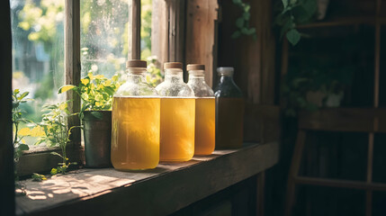 Kombucha bottles arranged on a wooden shelf, bathed in soft natural light from a nearby window