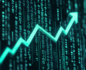 A green arrow pointing upwards on an upward-trending graph, set against a backdrop of binary code, symbolizing stock market growth or business success