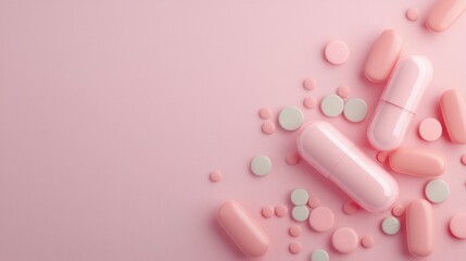 Assortment of pink and green pills on a soft pink background, highlighting pharmaceutical and healthcare concepts.