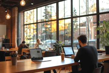 Busy professionals using laptops while working remotely in a modern coworking space with large windows