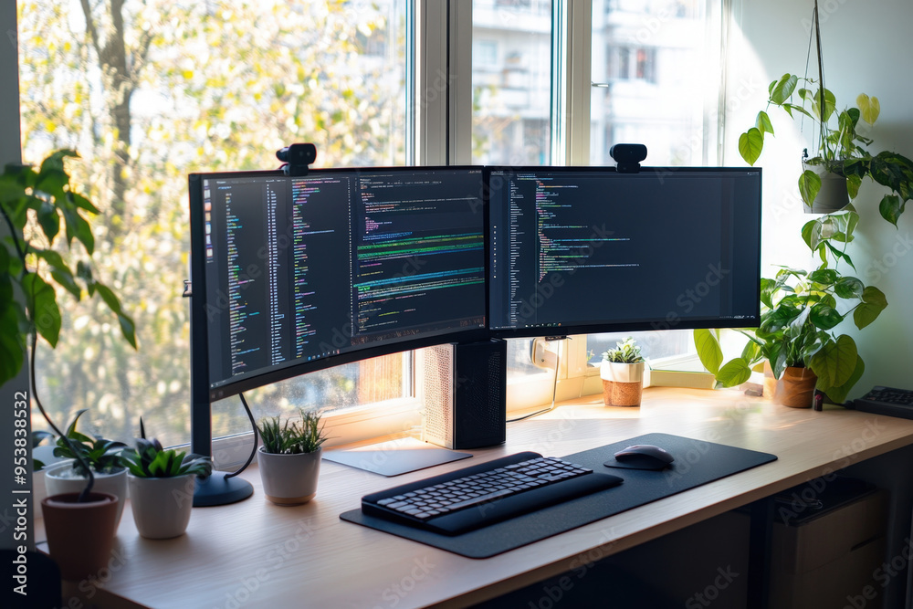 Aufkleber clean and organized home office with a software developer writing code on a computer