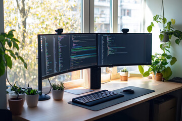 Clean and organized home office with a software developer writing code on a computer