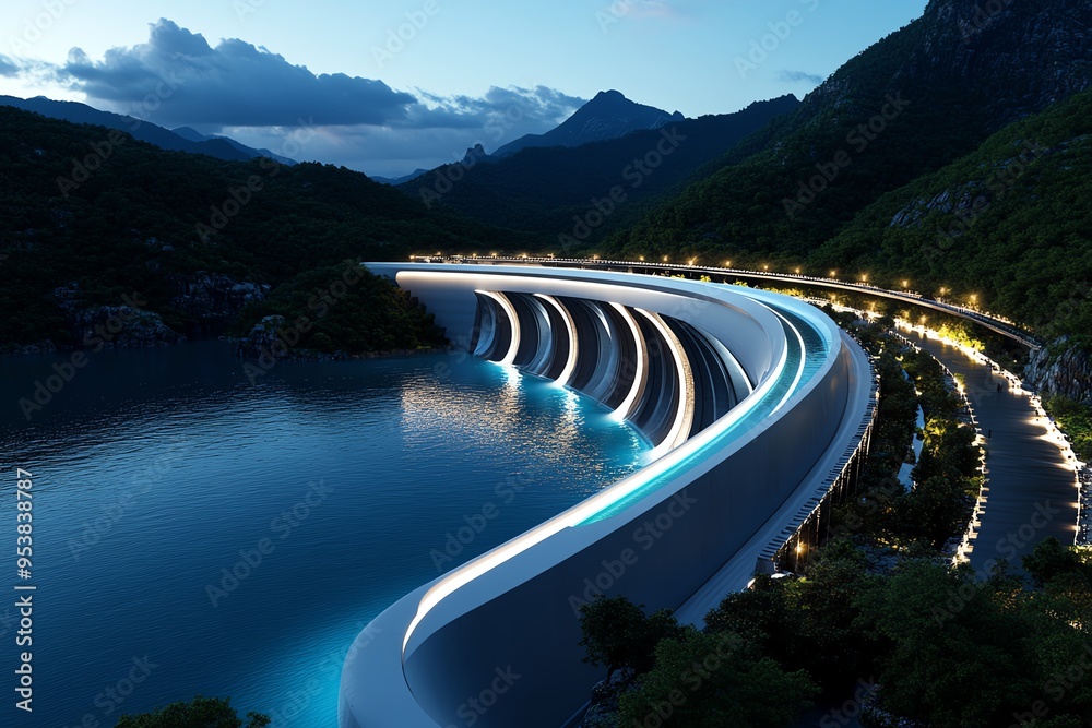 Poster Hydropower innovation and structural design are highlighted in a futuristic design of a high-tech dam with advanced turbines