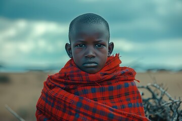 Masai child with serious expression on savanna backdrop.