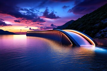 Hydropower innovation and structural design are highlighted in a detailed illustration of a futuristic dam set against a vibrant sunset