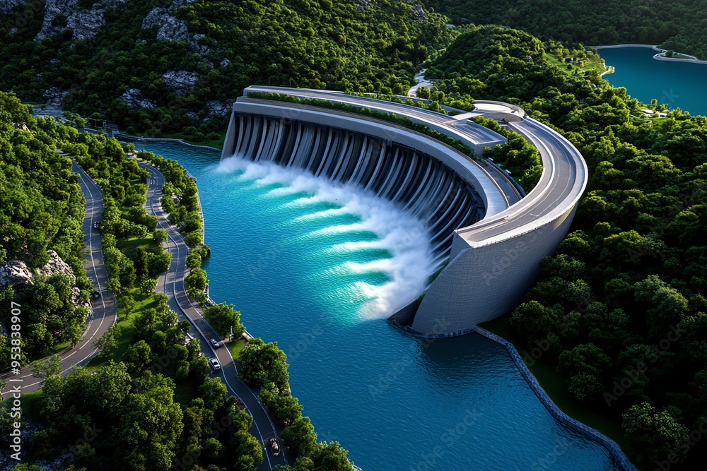 Poster Hydropower optimization and advanced engineering are captured in a futuristic illustration of a modern dam with cutting-edge technology