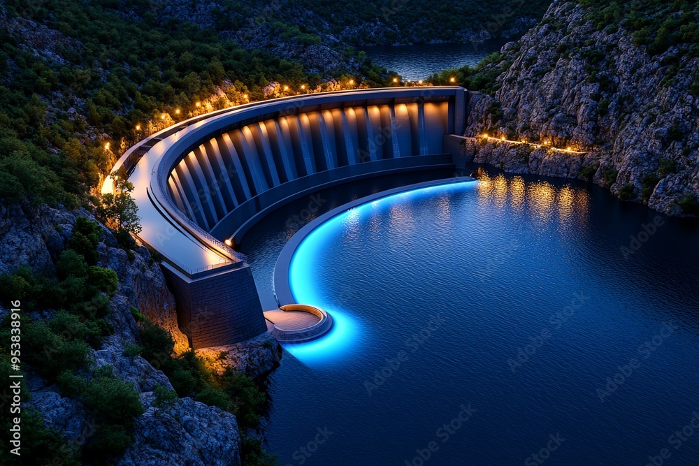 Poster Hydropower optimization and advanced engineering are captured in a futuristic illustration of a modern dam with cutting-edge technology