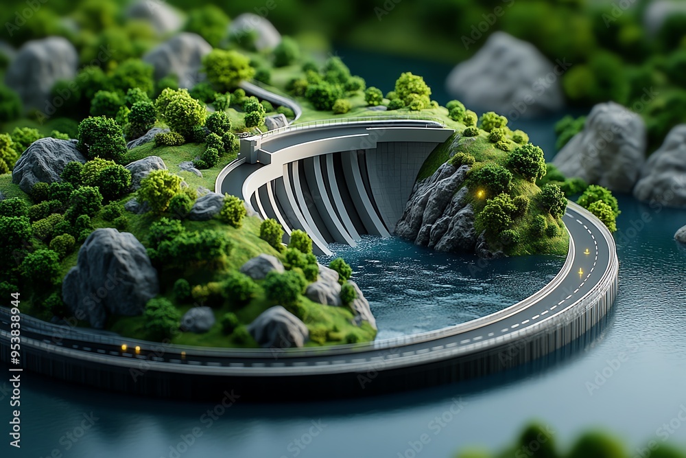 Poster Hydropower optimization and cutting-edge engineering are featured in a futuristic illustration of a high-tech dam with advanced turbines