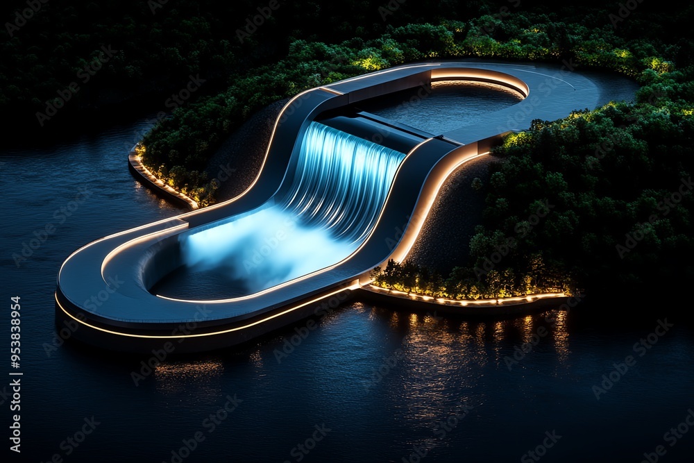 Aufkleber Hydropower optimization and cutting-edge engineering are featured in a futuristic illustration of a high-tech dam with advanced turbines