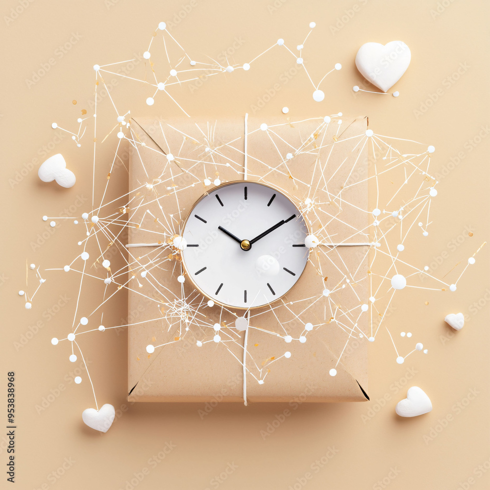 Wall mural A digital clock on wrapped package symbolizes integration of technology and time. surrounding hearts add touch of warmth and affection.