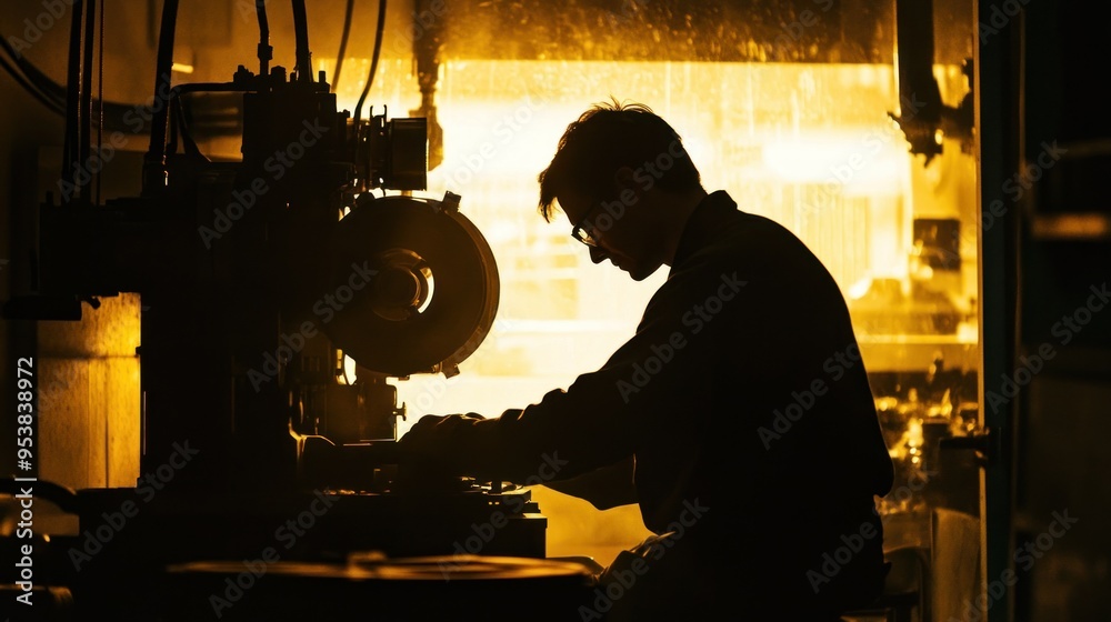 Poster Silhouette of a Man Operating a Machine in a Factory