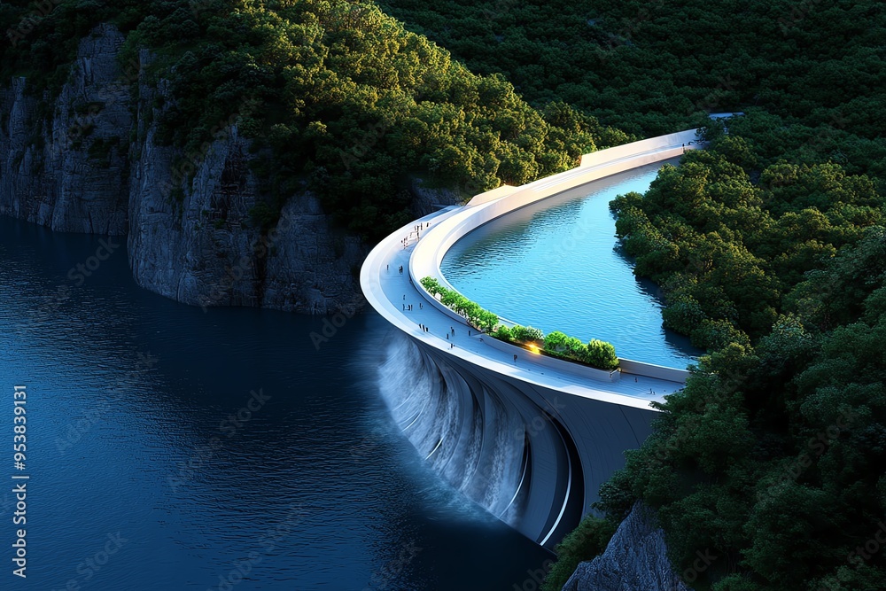 Poster hydropower optimization and structural advancements are illustrated in a futuristic design of a cutt
