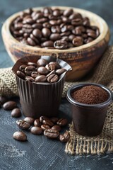 Fototapeta premium Compostable coffee pods next to coffee beans. Generative AI