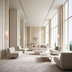 Interior design. Luxurious minimalist interior with soft colors. Best super ultra wide for wallpaper.
