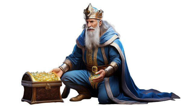 El rey mago Melchor arrodillado entregando un cofre enjoyado de regalos. Con fondo transparente 02