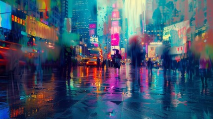 Digital noise with color overlay,  night rainy city. Generative AI