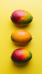 Three mango, tropical vibes, minimalistic design, simple composition, yellow. Magazine cover. Generative AI.