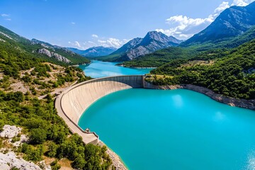 Hydropower sustainability and renewable energy are featured in a realistic photo of a dam integrated into a mountainous landscape
