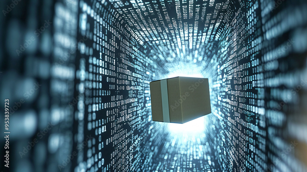 Poster a package is being transported through digital tunnel filled with binary code, symbolizing intersect