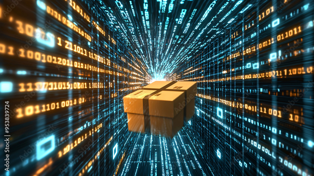 Poster a package is being transported through digital tunnel filled with binary code, symbolizing modern de