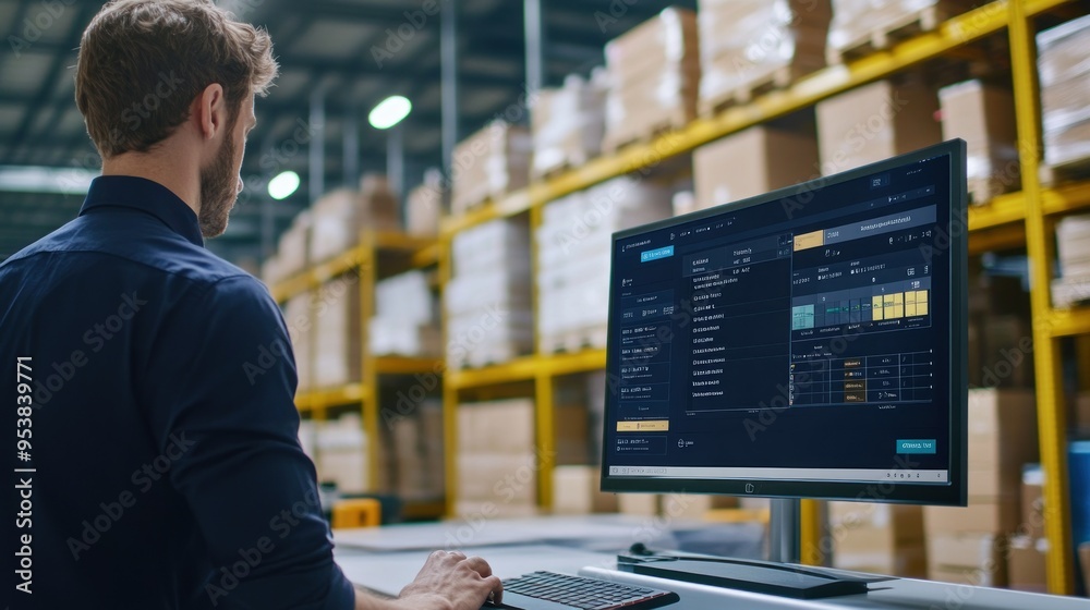 Poster Man Working on a Computer in a Warehouse