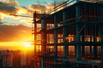 Obraz premium Construction of large residential buildings with crane at sunset