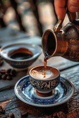 Hand pouring Turkish coffee from cezve into small cup.  